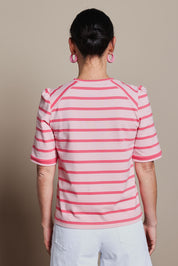 Model Katie wearing size 10 of the Cotton Stripe Puff Sleeve Top in colour Pink (Pink), from the back