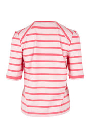 Product shot of the Cotton Stripe Puff Sleeve Top in colour Pink (Pink), from the back