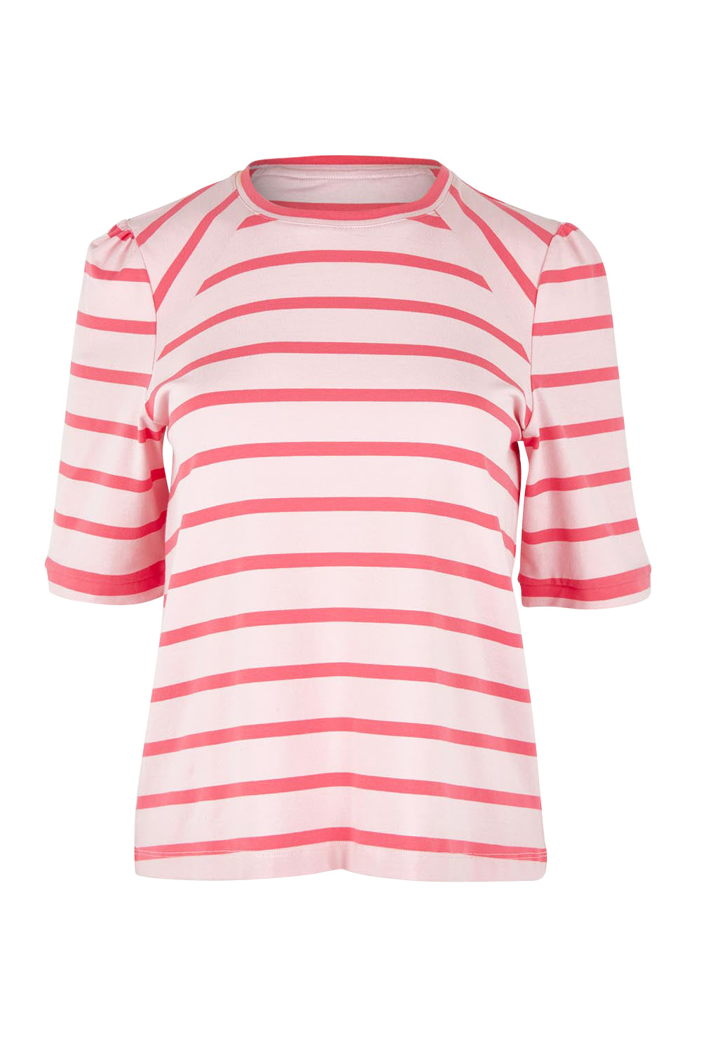 Product shot of the Cotton Stripe Puff Sleeve Top in colour Pink (Pink), from the front