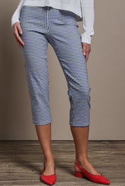 Model Madeline wearing size 10 of the Check Cotton Pull On Pant in colour Blue (Blue), from the front, cropped image