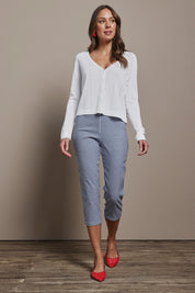 Model Madeline wearing size 10 of the Check Cotton Pull On Pant in colour Blue (Blue), from the front, showing the whole outfit