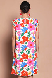 Model Katie wearing size 10 of the Printed Sleeveless Dress in colour Bloompop, from the back