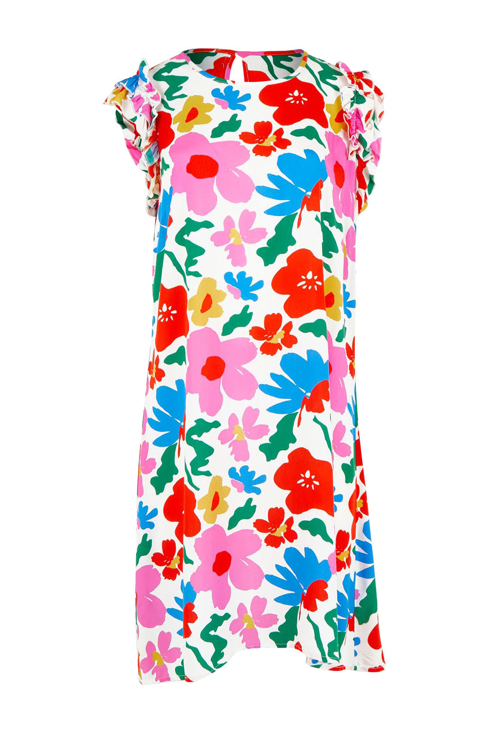 Product shot of the Printed Sleeveless Dress in colour Bloompop, from the front
