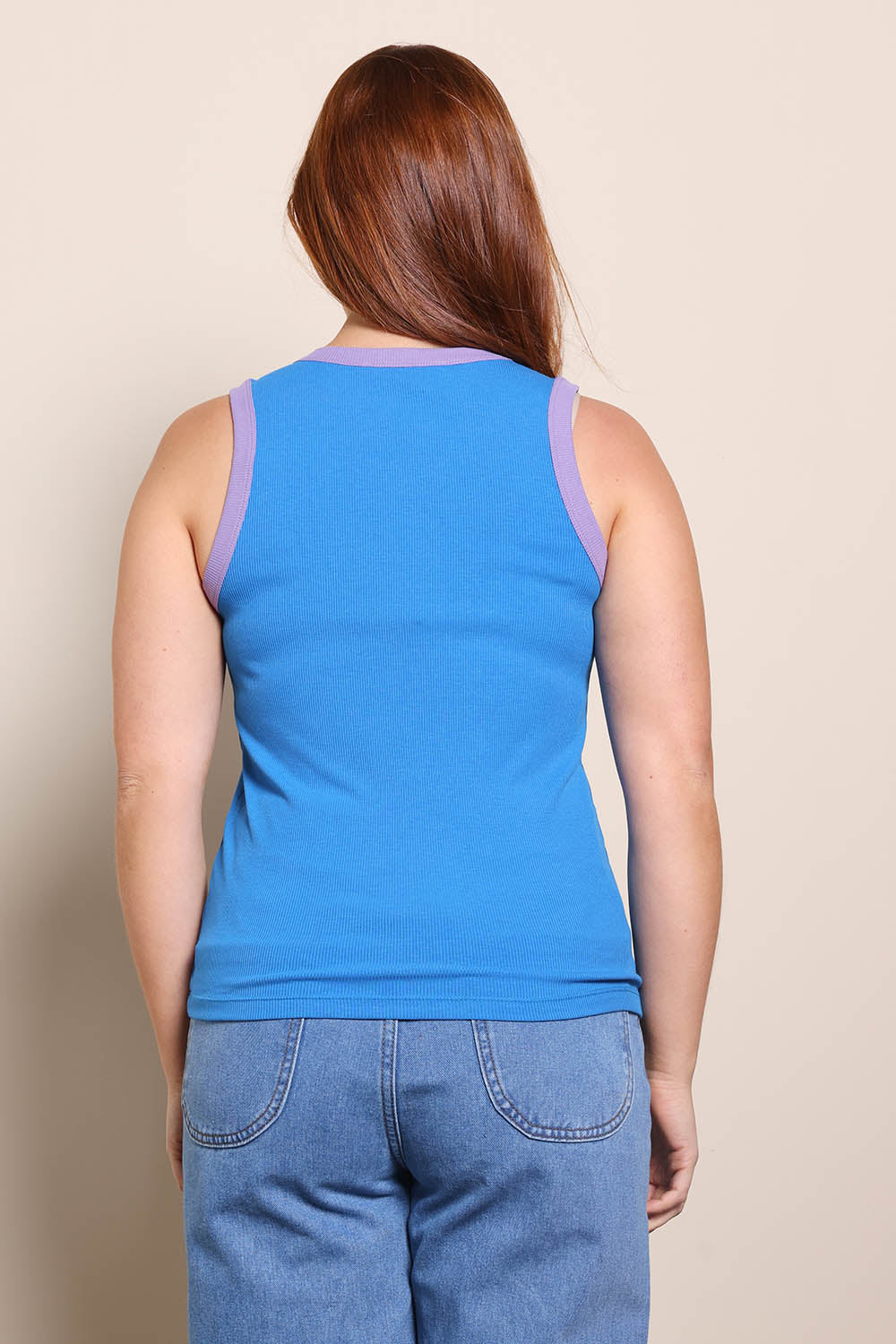 Model Georgiel wearing size 10 of the Cotton Blend Tank Top – Blue in colour Blue, from the back