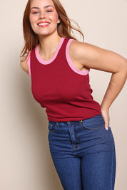 Model Georgiel wearing size 10 of the Cotton Blend Tank Top – Wine in colour Wine, in a cropped view