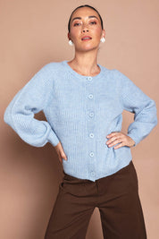 Model Katie wearing size 10 of the Wool Blend Ribbed Cardigan in colour Lightblue (Blue), from the front, cropped image