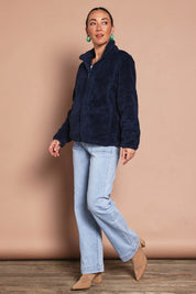 Model Katies wearing size 10 of the Fluffy Jacket - Navy in colour Navy, from the front