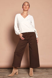 Model Katie wearing size 10 of the Cropped Denim Patch Pocket Jean in colour Chocolate, from the front, showing the whole outfit