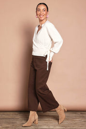 Model Katie wearing size 10 of the Cropped Denim Patch Pocket Jean in colour Chocolate, from the front, showing the whole outfit