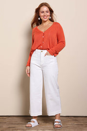 Model Georgiel wearing size 10 of the Cropped Denim Patch Pocket Jean – White in colour White, from the front