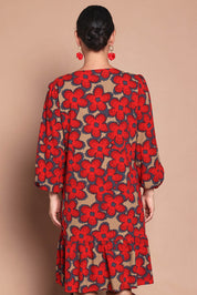 Model Katie wearing size 10 of the Cotton Frill Hem Dress in colour Poppy (Red), from the back