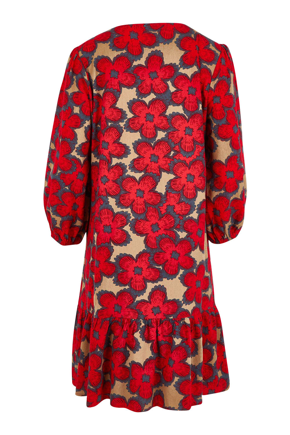 Product shot of the Cotton Frill Hem Dress in colour Poppy (Red), from the back