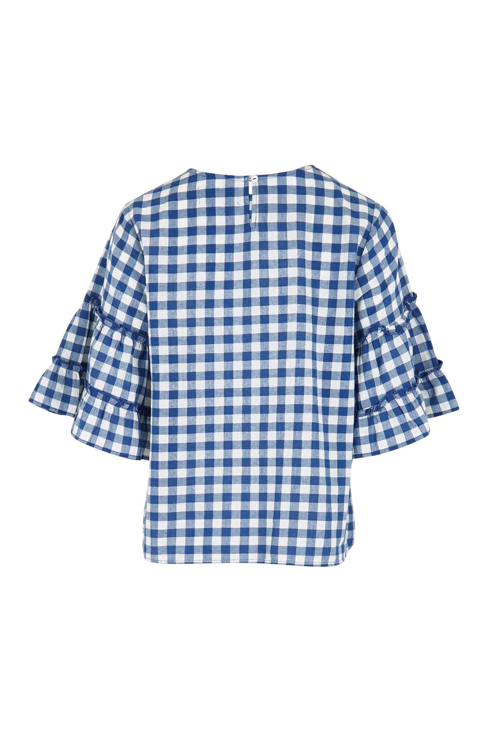 Product shot of the Cotton Gingham Frill Blouse – Blue in colour Blue, from the back
