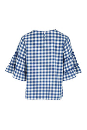 Product shot of the Cotton Gingham Frill Blouse – Blue in colour Blue, from the back