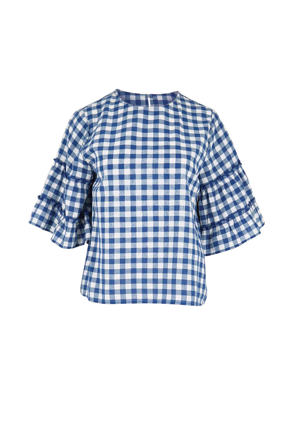 Product shot of the Cotton Gingham Frill Blouse – Blue in colour Blue, from the front