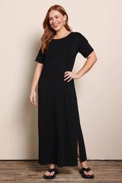 Model Georgiel wearing size 10 of the Cotton Jersey T-Shirt Dress – Black in colour Black, from the front