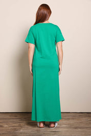 Model Georgiel wearing size 10 of the Cotton Jersey T-Shirt Dress – Green in colour Green, from the front
