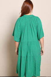 Model Georgiel wearing size 10 of the Relaxed Tiered Dress – Herb in colour Herb, from the back
