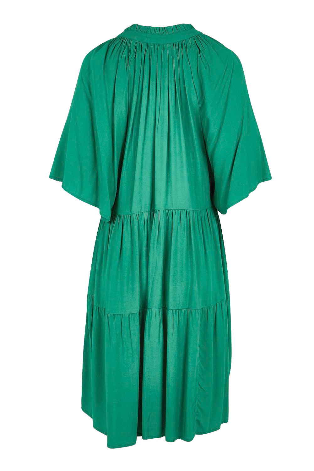 Product shot of the Relaxed Tiered Dress – Herb in colour Herb, from the back