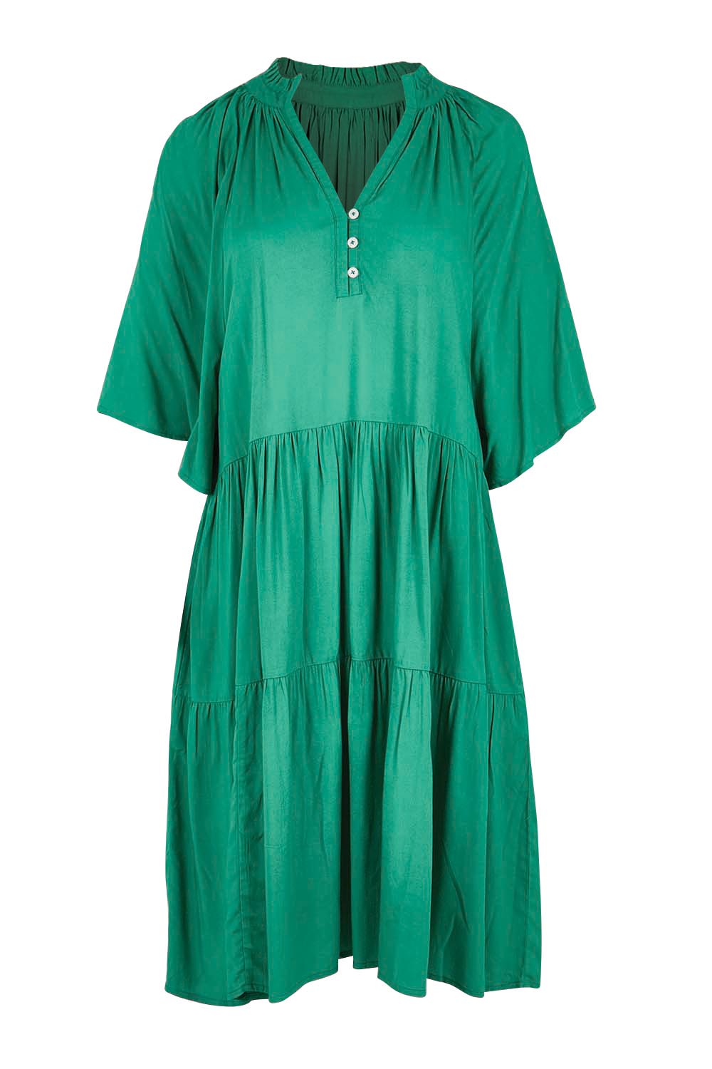 Product shot of the Relaxed Tiered Dress – Herb in colour Herb, from the front
