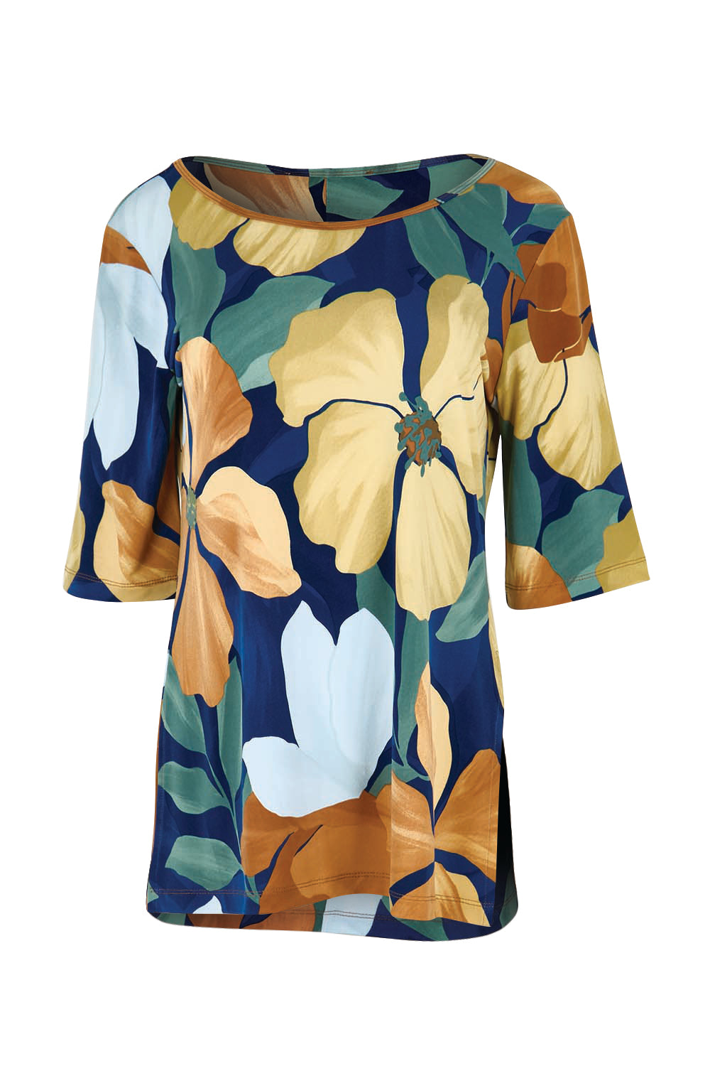 Product shot of the Side Split Tunic Top – Amberflora in colour Amberflora, from the front