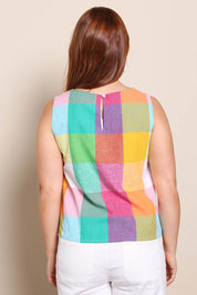 Model Georgiel wearing size 10 of the Yarn Dyed Cotton Tank – Multicheck in colour Multicheck, from the back