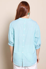 Model Georgiel wearing size 10 of the Cotton Button Down Stripe Blouse – Mint in colour Mint, from the back