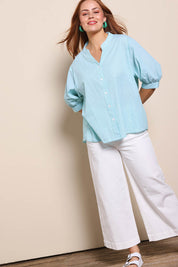 Model Georgiel wearing size 10 of the Cotton Button Down Stripe Blouse – Mint in colour Mint, from the front