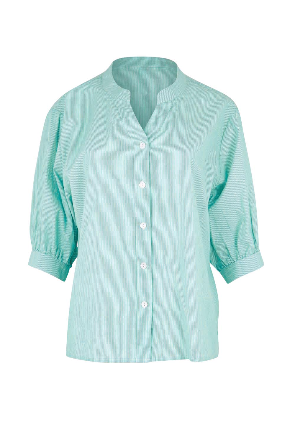 Product shot of the Cotton Button Down Stripe Blouse – Mint in colour Mint, from the front