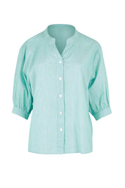 Product shot of the Cotton Button Down Stripe Blouse – Mint in colour Mint, from the front