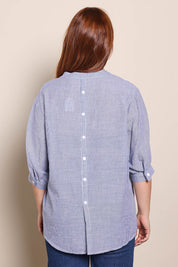 Model Georgiel wearing size 10 of the Cotton Button Down Stripe Blouse – Slate in colour Slate, from the back