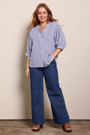 Model Georgiel wearing size 10 of the Cotton Button Down Stripe Blouse – Slate in colour Slate, from the front