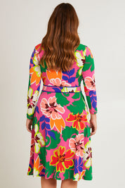 Model Laura wearing size 14 of the Printed Faux Wrap Dress in colour Floriade (Pink), from the back