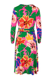 Product shot of the Printed Faux Wrap Dress in colour Floriade (Pink), from the back