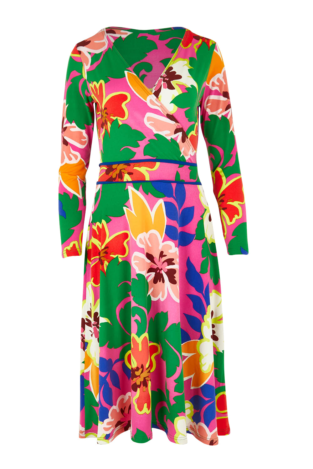 Product shot of the Printed Faux Wrap Dress in colour Floriade (Pink), from the front