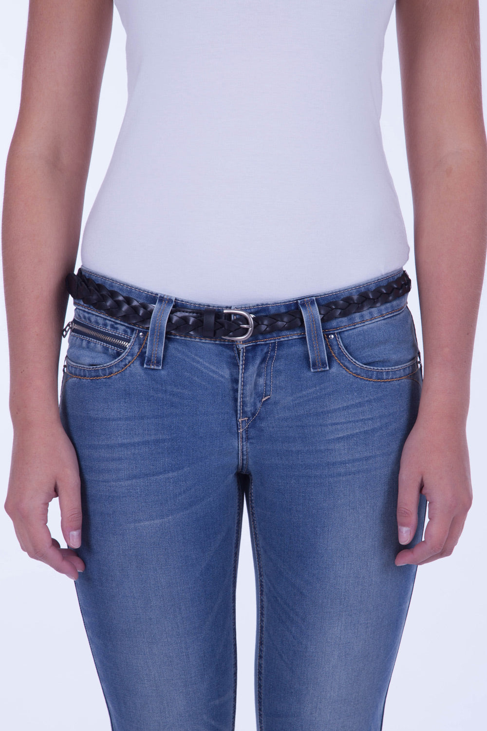 A model wearing the Carol Genuine Leather Belt in colour Black (Black), from the front, cropped image
