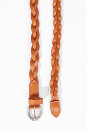 A model wearing size S of the Carol Genuine Leather Belt in colour Tan, from the front, showing the whole outfit