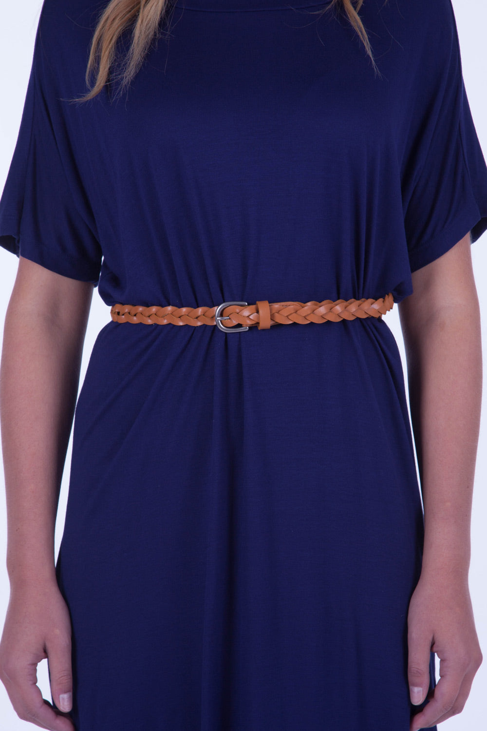 A model wearing the Carol Genuine Leather Belt in colour Tan, from the front, showing the whole outfit