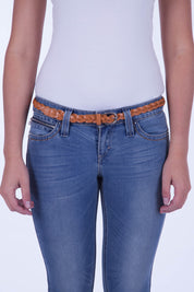 A model wearing the Carol Genuine Leather Belt in colour Tan, from the front, showing the whole outfit