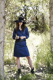 A model wearing the Louise Genuine Leather Belt in colour Black (Black), from the front, showing the whole outfit