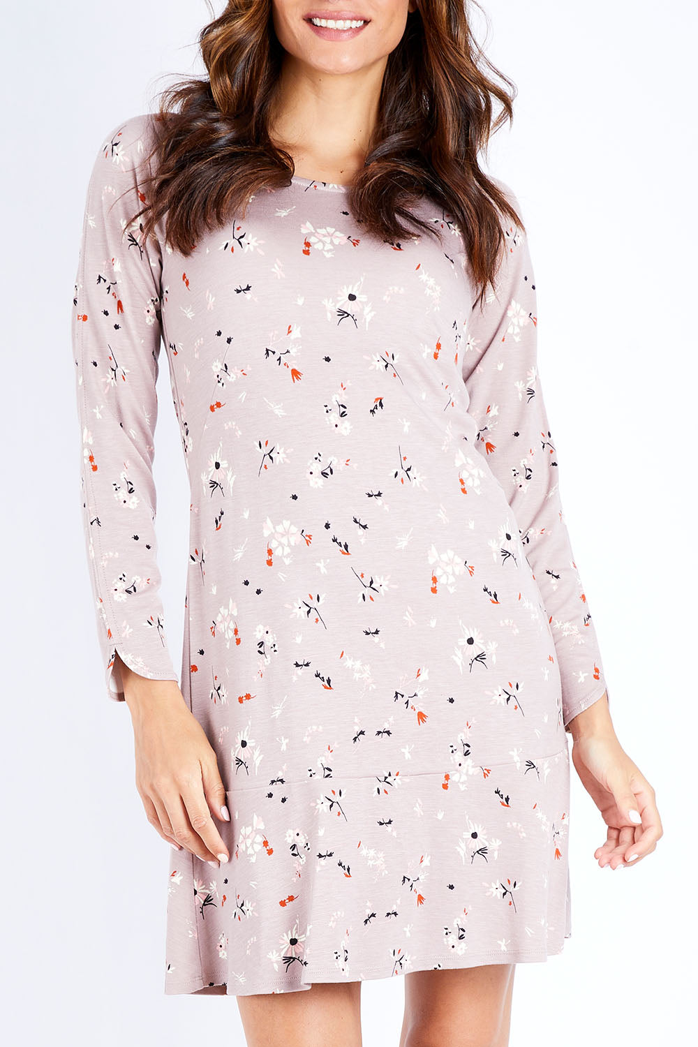 Model Ilona wearing size S of the Dropped Flounce Dress in colour Petals, from the front, cropped image