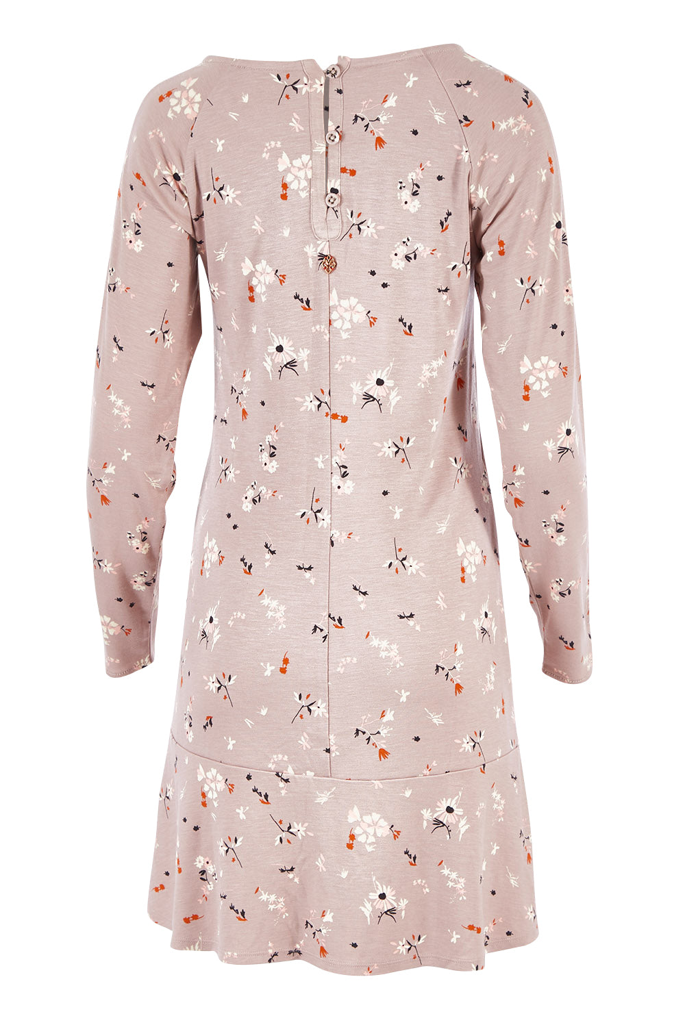 Product shot of the Dropped Flounce Dress in colour Petals, from the back