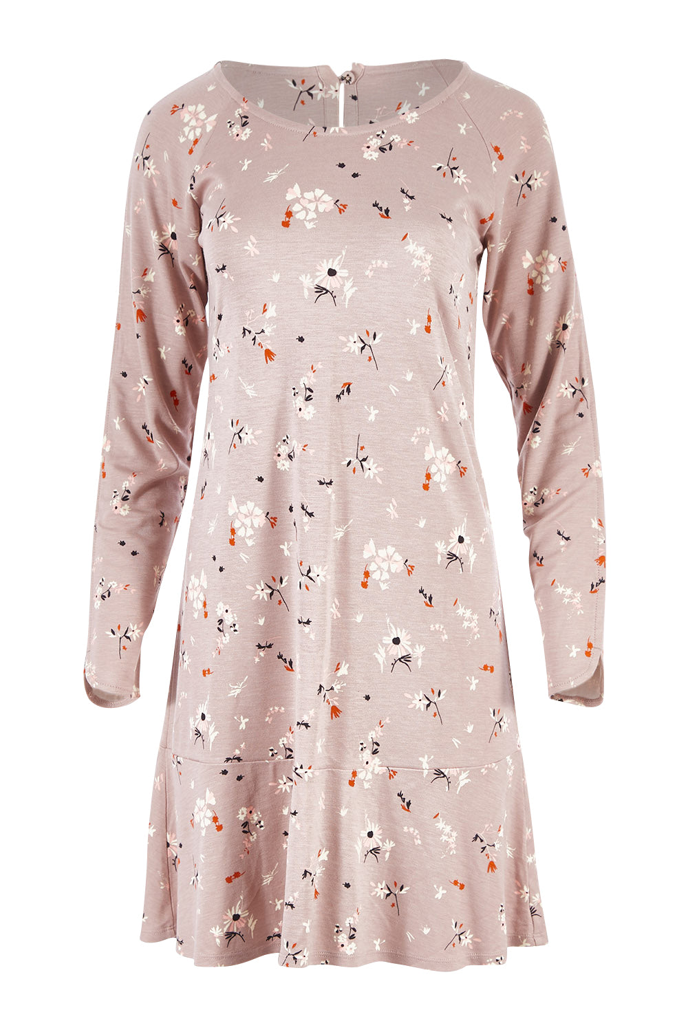 Product shot of the Dropped Flounce Dress in colour Petals, from the front