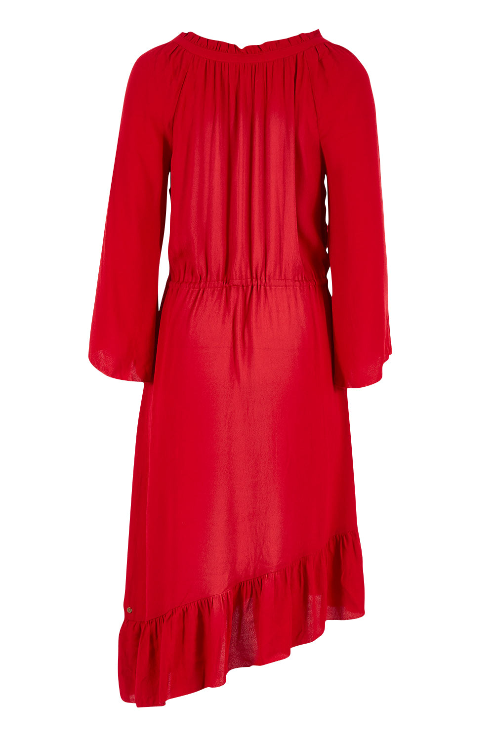 Product shot of the Staggered Ruffle Dress in colour Cranberry (Red), from the back