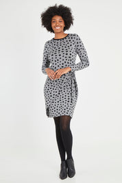 Model Aiyana wearing size S of the Wrap Dress in colour Dots (Grey), from the front, showing the whole outfit
