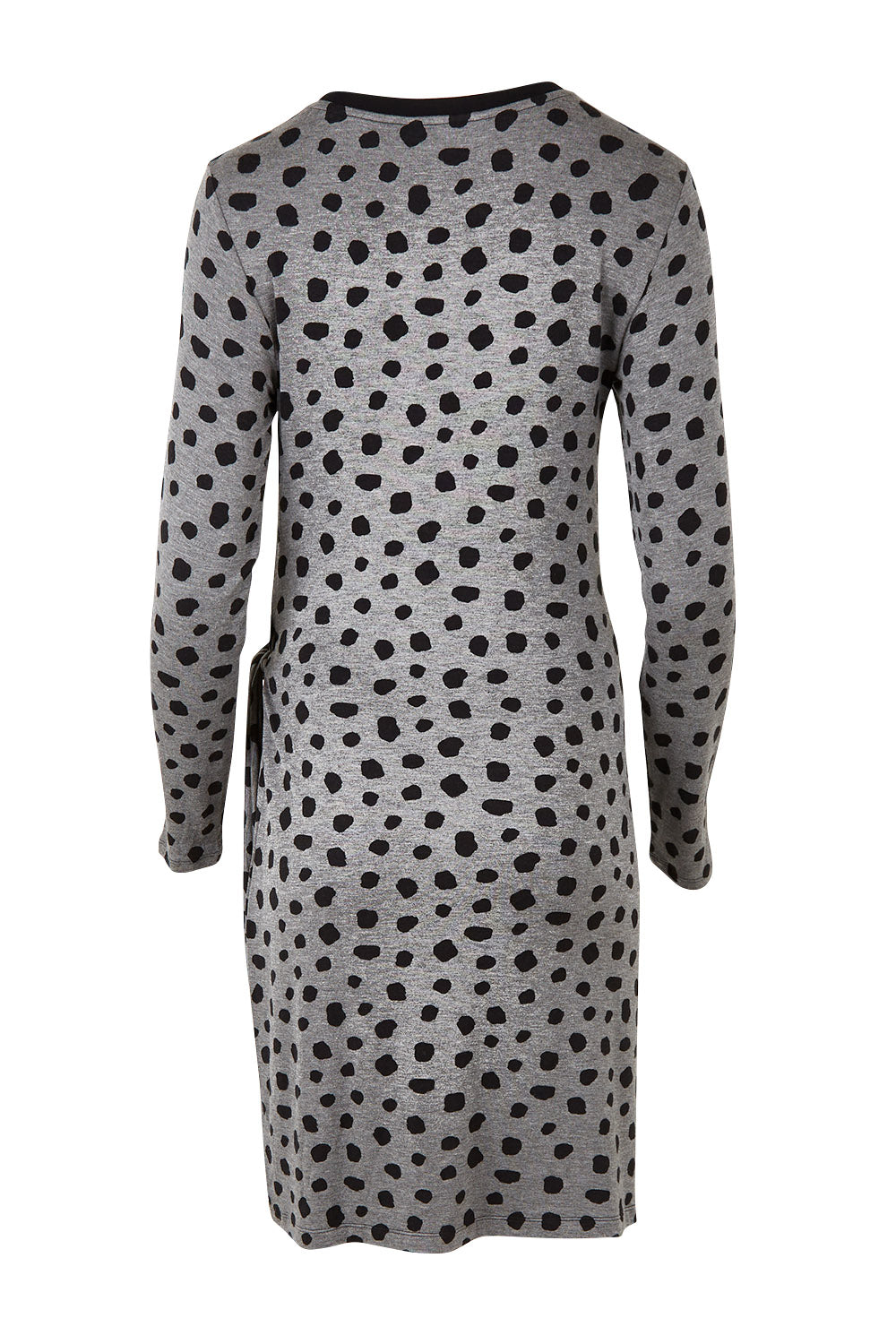 Product shot of the Wrap Dress in colour Dots (Grey), from the back
