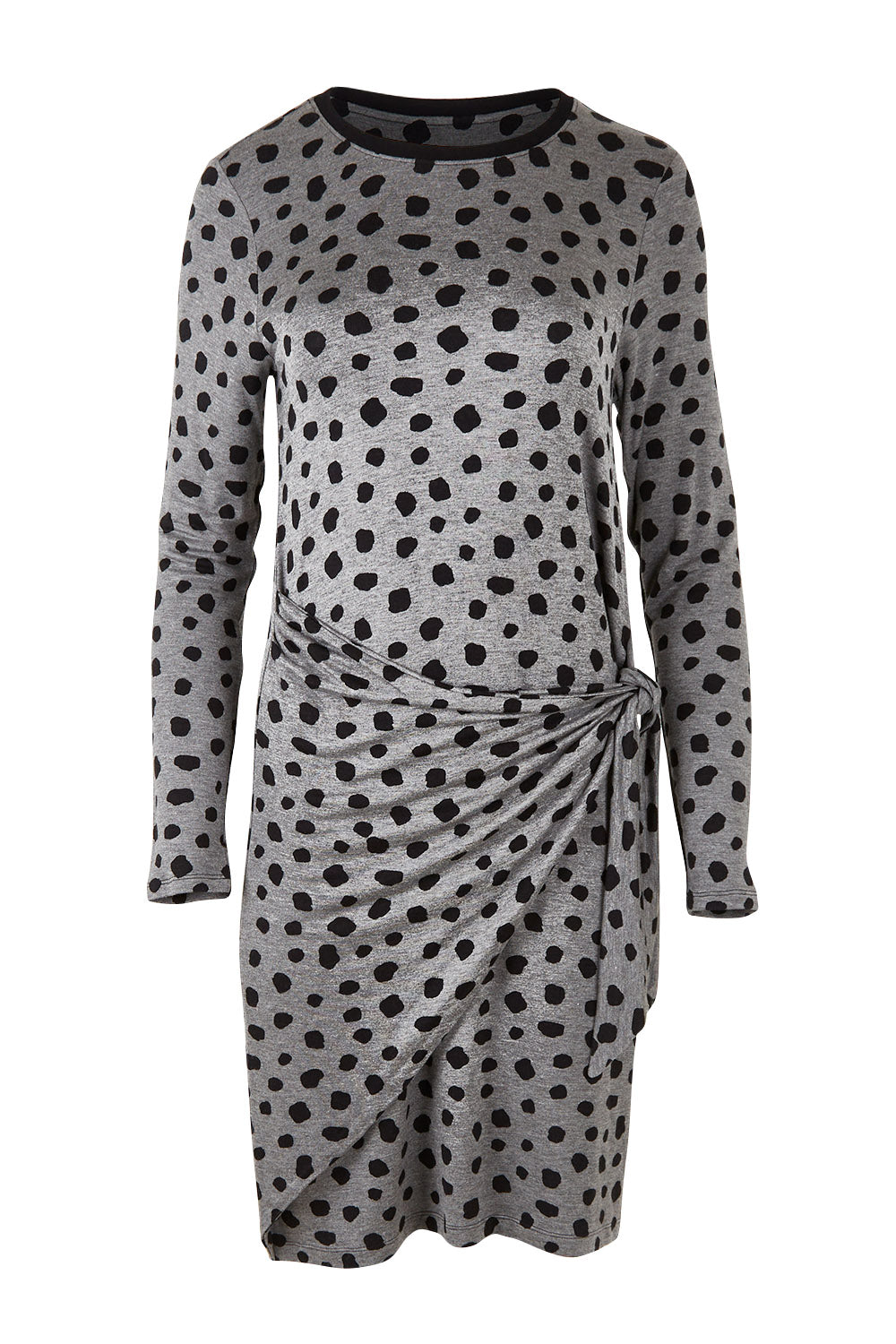 Product shot of the Wrap Dress in colour Dots (Grey), from the front