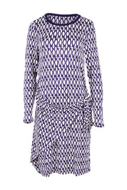 Product shot of the Wrap Dress in colour Geometric (Blue), from the front