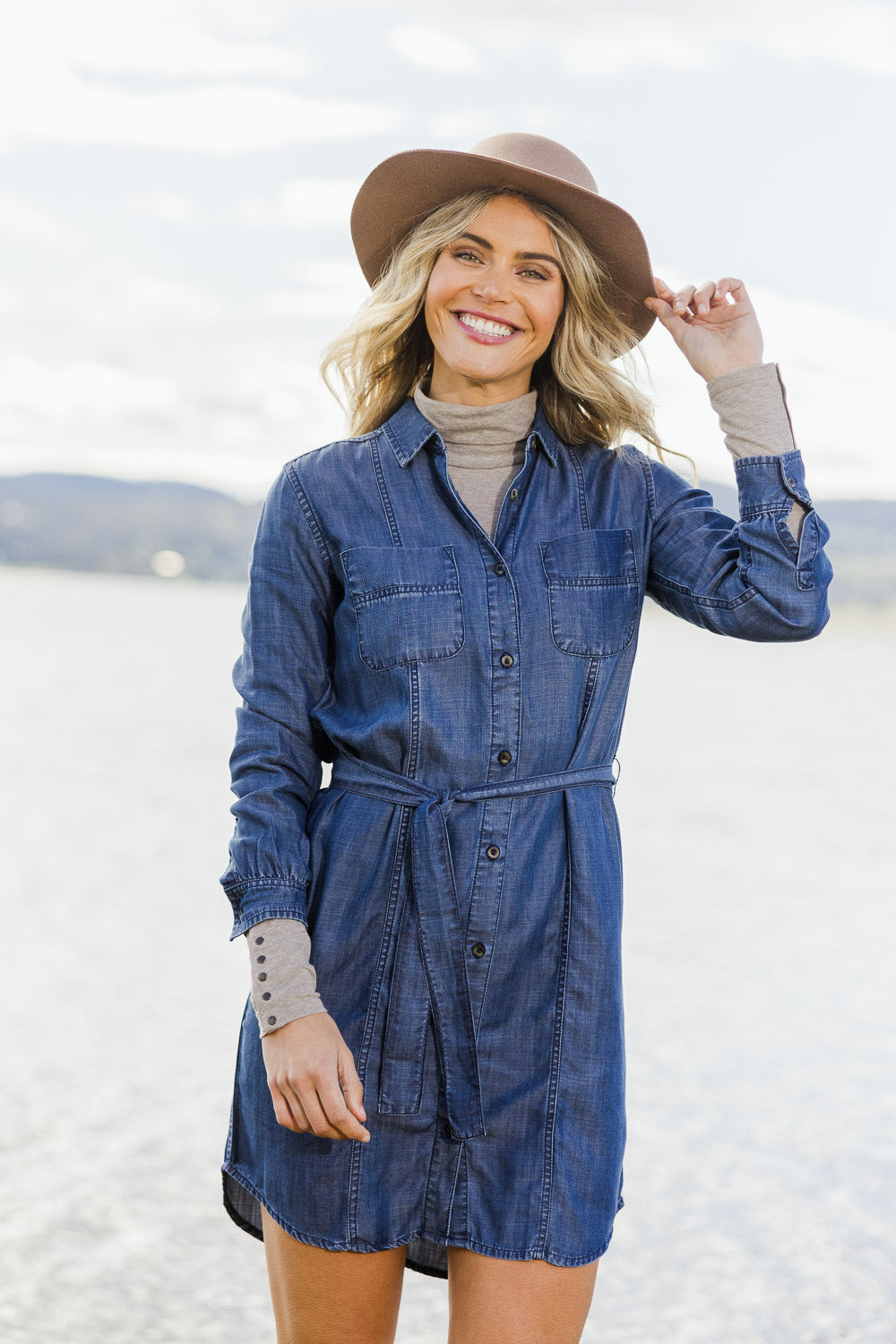 Model Alice wearing size S of the Riley Shirt Dress in colour Denim (Blue), from the front, showing the whole outfit