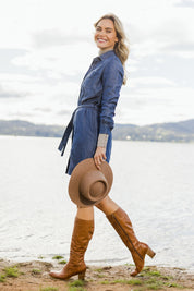 Model Alice wearing size S of the Riley Shirt Dress in colour Denim (Blue), from the front, showing the whole outfit